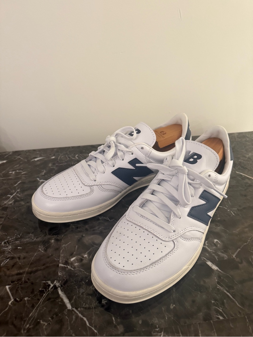 New Balance Men's White Leather Sneakers with Navy 'N' Logo